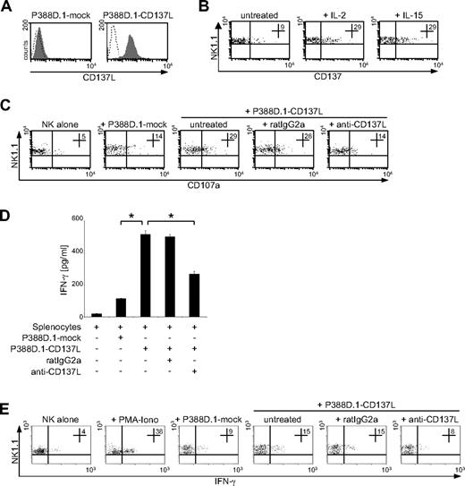 Figure 6. CD137 enhances antitumor reactivity of mouse NK cells. (A) CD137L surface expression on P388D.1 cells transfected with mouse CD137L (P388D.1-CD137L) and mock controls (P388D.1-mock) was determined by FACS using CD137L mAb (shaded peaks) and isotype control (open peaks). (B) Mouse splenocytes were cultured for 48 hours in the presence or absence of 250 U/mL human IL-2 or 10 ng/mL human IL-15. Subsequently, CD137 expression was determined using CD137 mAb and rat IgG1 isotype control. Numbers in top right quadrants indicate the percentage of CD137+ NK1.1+CD3− NK cells. (C-E) Mouse splenocytes were cultured for 48 hours with 250 U/mL human IL-2 and then incubated with P388D.1 transfectants in the presence or absence of 10 μg/mL rat IgG2a or blocking CD137L mAb. (C) Granule mobilization after 3 hours was analyzed by FACS. Numbers in top right quadrants indicate the percentage of CD107a+ NK1.1+CD3− mouse NK cells. (D) IFN-γ levels in culture supernatants were determined after 24 hours by ELISA. Results represent means of triplicates with SDs. (E) Frequency of IFN-γ–producing mouse NK cells was determined after 8 hours by intracellular FACS. Stimulation with PMA/ionomycin served as positive control. Numbers in top right quadrants indicate percent of IFN-γ+ NK1.1+CD3− NK cells. One representative experiment each of a total of at least 3 with similar results is shown. *Statistically significant differences.