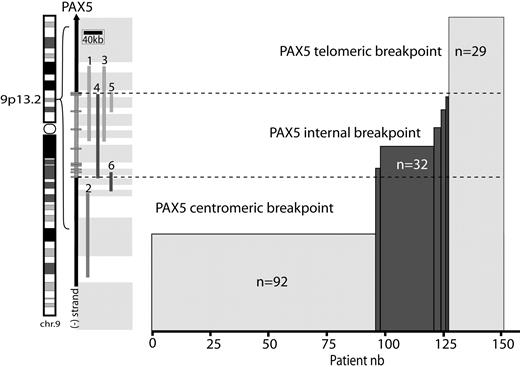 Figure 1. Repartition of breakpoints on chromosome 9p arm. Location of PAX5 on chromosome 9 (left). A schematic of PAX5 genomic structure (right); rectangles represent exons. (1-6) Probes used for FISH analyses: telomeric and centromeric Dako commercial probes (1,2), RP11-344B23 (3), and RP11-244F8 (4), BACs and G248P82268A1 (5), and G248P85962F9 (6) fosmids. These probes enable localization of the breakpoint regions (gray rectangles). Histogram represents the number of patients harboring these breakpoints.
