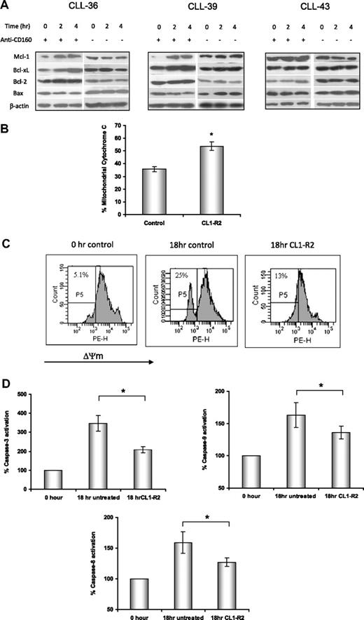 Figure 2. Activation of CD160 prevents mitochondrial dysfunction via an increase in the ratio of Bcl-2/Bax. (A) Expression of Bcl-2, Bcl-XL, Mcl-1, and Bax proteins in CLL cells was detected by Western blot after treatment with 10 μg/mL anti-CD160 mAb (BY55) for 2 and 4 hours. (B) Mitochondrial cytochrome c levels were detected by anti–cytochrome c–conjugated PE mAb (6H2) and measured with a FACSCanto. Data show the average percentage of mitochondrial cytochrome c ± SEM from 8 patients, *P < .001. (C) CLL cells were treated with or without 10 μg/mL CL1-R2 for 18 hours and then incubated with 20nM TMRM for 30 minutes at 37°C. Cells were analyzed with a FACSCanto for loss of mitochondrial membrane potential (ΔΨmLOW) and were gated as P5. Numbers indicated in each graph are the percentage of ΔΨmLOW cells. The figure shows 1 representative experiment from 7 patients. (D) Activation of caspase-3 and caspase-9 was tested after treatment with 10 μg/mL CL1-R2 for 18 hours, with data normalized to the basal caspase-3, -8, and -9 level (0 hour, expressed as 100%). Data represent the average percentage of 8 patients ± SEM; caspase-3: *P < .001; caspase-9: *P = .01; caspase-8: *P = .026.