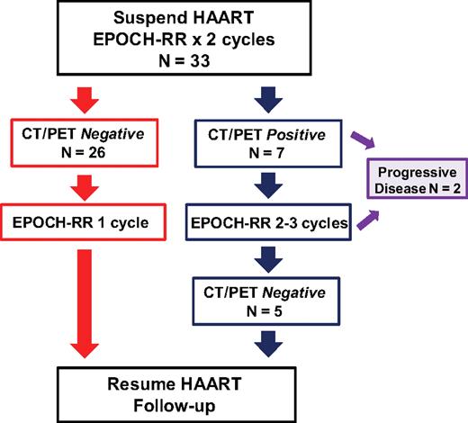 Figure 1. Treatment paradigm for SC-EPOCH-RR. Thirty-three patients with DLBCL received 2 cycles of EPOCH-RR after which time CT and FDG-PET scans were performed. Response was based on serial CT body and FDG-PET scans, beginning at cycle 3 day 1 and performed after each cycle thereafter until treatment completion. Patients who had “negative” studies, as defined in “Evaluation and treatment,” received 1 additional cycle (minimum of 3) of therapy. Patients who had a “positive” CT and/or FDG-PET study received additional cycles until they were negative, for a maximum of 6 cycles. Two patients with progressive disease on treatment did not complete their initial therapy.