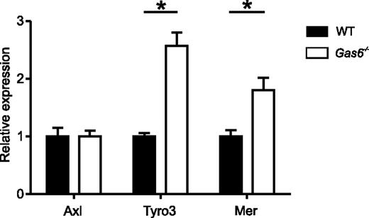 Figure 5. Gas6 and its receptors were expressed by murine endothelial cells. Gene expression by primary endothelial cells of the 3 Gas6 receptors (Axl, Tyro3, and Mer) by relative quantitative real-time PCR relative to the expression of GAPDH levels is represented (mean ± SEM, n = 3). *P < .05 (Student t test).