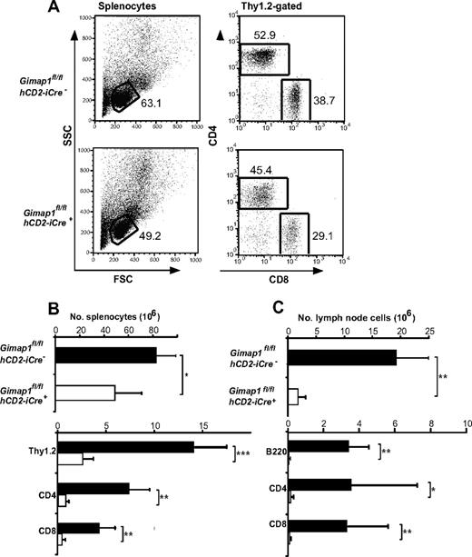 Figure 2. Defective peripheral lymphoid compartment in GIMAP1/CD2-cKO mice. Lymphoid subsets from spleen (A-B) and lymph nodes (C) of GIMAP1fl/flhCD2-iCre− and GIMAP1fl/flhCD2-iCre+ mice were enumerated with the use of flow cytometry. (A) Representative FACS plots of splenocytes for each genotype. (B-C) Mean numbers (± SD) of cell subsets positive for the indicated surface markers (GIMAP1fl/flhCD2-iCre−, n = 9; GIMAP1fl/flhCD2-iCre+, n = 5). *P < .05; **P < .01; ***P < .001 (unpaired 2-tailed Student t test).