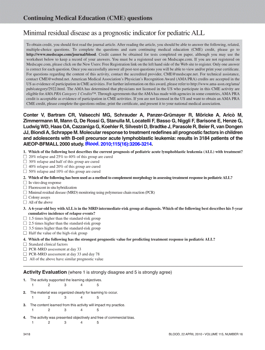 First page of Continuing Medical Education (CME) questions: Minimal residual disease as a prognostic indicator for pediatric ALL
