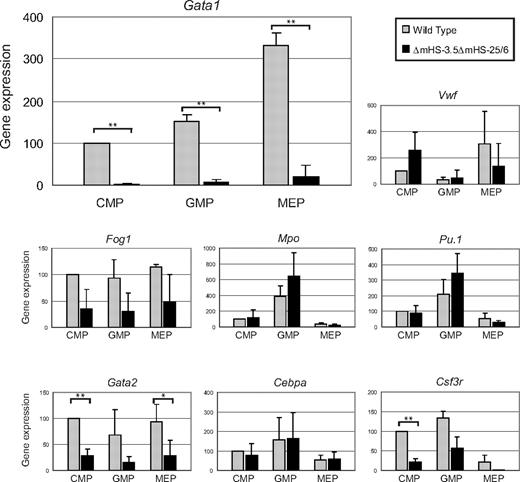 Figure 7. Gene expression in hematopoietic progenitors. Gene expression in sorted hematopoietic populations from wild-type and DKO ES cells, as described in supplemental Figure 2, was measured by real-time PCR. Gene expression was normalized to Gapdh and levels in wild-type CMPs was set to 100%. Experiments were performed 3-5 times and error bars indicate the standard deviation. We tested expression of genes coding for GATA1, VWF, FOG1, GATA2, MPO, C/EBPα, PU.1, and G-CSF-R. Difference in expression between paired hematopoietic populations from wild-type and DKO ES cells was significant at **P < .005 or *P < .05.