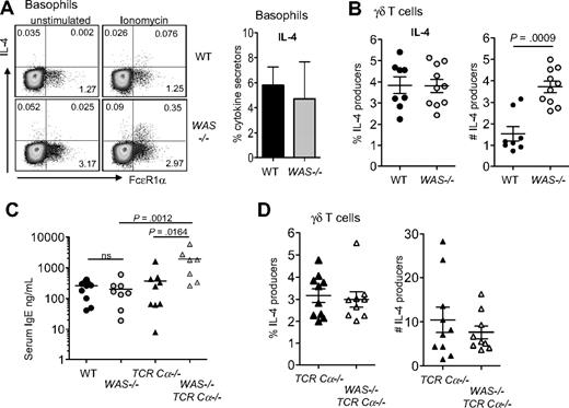 Figure 6. IL-4 production from non-αβ T cells in the absence of WASp. (A) Left panel shows intracellular staining for IL-4 from CD4−Gr1−FcϵR1α+ cells in peripheral blood after 6 hours of ionomycin stimulation, with brefeldin added for the final 4 hours of culture. Cells were gated on negative staining for CD19, CD4, and GR-1 from red cell–depleted peripheral blood. Representative plots are from 3 independent experiments. Numbers in quadrants equal the percentage of gated (isotype control for IL-4, 0.0048%). Right panel shows frequency of IL-4 producers within the FcϵR1α+ compartment. Mean ± SEM from 3 independent experiments. (B) Frequency and total number (×104 per mouse) of IL-4 producers within the γδ T-cell compartment from LNs by intracellular staining after 6 hours of PMA/ionomycin stimulation as in panel A. Symbols represent individual mice from 2 independent experiments; P value by Mann-Whitney. Mean isotype control staining of activated cells is 1.460%. (C) Total serum IgE from 6- to 8-week-old mice was measured by ELISA. Symbols represent individual mice from 2 independent experiments. P values by Mann-Whitney. (D) Frequency and number of IL-4–producing γδ T cells from WAS−/− TCR-Cα−/− and WAS+/+ TCR-Cα−/− mice analyzed as in panel B. Symbols represent individual mice from 2 to 3 independent experiments.