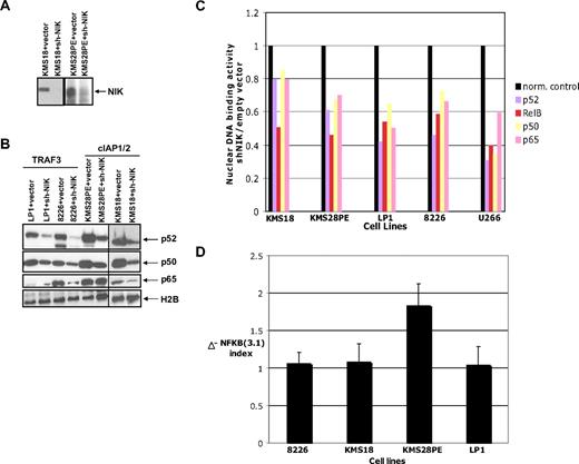 Figure 3. Knockdown of NIK expression by RNA interference inhibits both NF-κB pathways. (A) Immunoblot of NIK protein levels after infection of NIK shRNA in MMCLs that have cIAP1/2 deletion. (B) Knockdown of NIK affects NF-κB signaling via classical and alternative pathways. Nuclear extracts were prepared, and expression of the proteins indicated at right was analyzed on Western blots. NF-κB mutations in different MMCLs are indicated. (C) Knockdown of NIK inhibits nuclear NF-κB DNA binding. DNA-binding activity of the indicated NF-κB subunits was quantified by enzyme-linked immunosorbent assay. (D) Inhibition of NF-κB target gene expression after knockdown of NIK in MM cells. The −ΔNF-κB(3.1) = decreased expression for average of 3 target genes (TNFAIP3, NFKB2, and IL2RG) in MM cells treated with NIK shRNA versus empty vector. Data are mean ± SE.