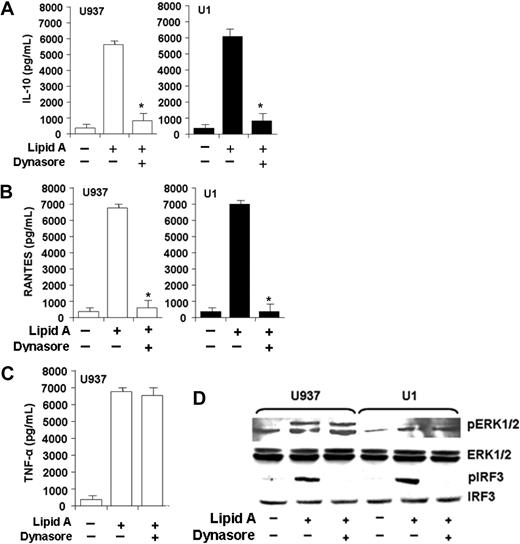 Figure 5. TLR4-mediated macrophage release of IL-10 and RANTES (but not TNFα) and IRF3 phosphorylation (but not ERK phosphorylation) depend on TLR4 endocytosis. MyD88-independent TLR4-mediated IL-10 and RANTES release requires endocytosis. (A-C) U937 and U1 macrophages were pretreated with a highly specific inhibitor of the endocytosis regulator dynamin GTPase (dynasore, 50μM) for 1 hour and then incubated in the presence or absence of lipid A (10 μg/mL) for 24 hours, and cell-free supernatants were analyzed for IL-10 (A), RANTES (B), or TNFα (C) by ELISA. Data reflect representative experiments (performed in triplicate) of 3 independent experiments with similar results. *P < .01 compared with lipid A alone. (A-C) Error bars indicate SEM. (D) MyD88-independent TLR4-mediated IRF3 phosphorylation requires endocytosis. U937 and U1 macrophages were pretreated with a highly specific dynamin GTPase inhibitor (dynasore, 50μM) for 1 hour and then incubated in the presence or absence of lipid A (10 μg/mL) for 15 minutes, and cell lysates were probed with specific antibodies to phosphorylated ERK1/2 and phosphorylated IRF3 antibody. Protein loading controls used antibody to total ERK1/2 and total IRF3 protein. Representative Western blot from 1 of 3 independent experiments are shown with similar results.