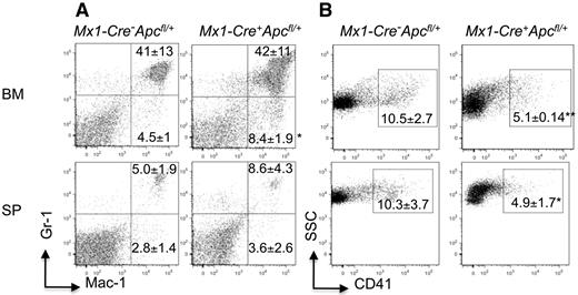 Figure 2. Apc-heterozygous mice displayed an alteration in the distribution of CD41+ megakaryocytes and monocytes. Flow cytometric analysis of mature myeloid cells from BM and spleen (SP) from Mx1-Cre+Apcfl/+ mice and the control Mx1-Cre−Apcfl/+ mice was performed 3 to 4 months after induction. The percentage of (A) Gr-1+Mac-1+ and GrlowMac-1+ or (B) CD41+cells is indicated (average ± SD of 4 animals). *P < .05; **P < .01.