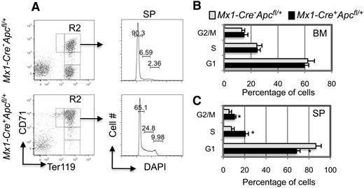 Figure 4. Analysis of the proliferation of erythroblasts (CD71+Ter119+) in BM and SP from Apc-heterozygous mice. (A) Representative histograms of flow cytometric analysis of the cell cycle in splenic erythroblasts. (B-C) Histograms depicting the cell-cycle status of erythroblasts from (B) BM and (C) SP. Samples were obtained from both Mx1-Cre+Apcfl/+ and Mx1-Cre−Apcfl/+ mice with anemia 4 to 6 months after induction of the Apc deletion (average ± SD of 4-6 animals).*P < .01.