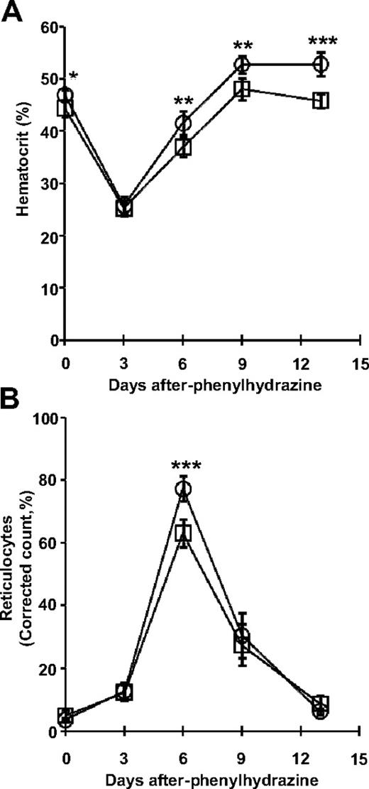 Figure 7. Loss of ERK1 increases the response to erythropoietic stress. Five wild-type (□) and 6 ERK1−/− (○) mice were injected with PHZ on days 0, 1, and 3. Hematocrits (A) and reticulocyte counts (B) were assessed on days 0, 3, 6, 9, and 13. Data are mean ± SD (*P < .05; **P < .01; ***P < .001).