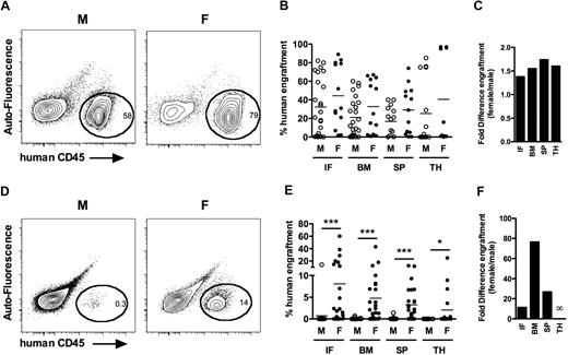 Figure 1. Female NSG mice more efficiently support human HSC detection and proliferation than syngeneic male mice. Male and female recipients transplanted with Lin−CD34+CD38−CD90+CD45RA− cells (supplemental Figure 1) were killed 16 to 20 weeks after transplantation, and human chimerism was assessed by flow cytometry in the IF, noninjected bones (BM, left femur, 2 tibiae), SP, and TH. (A) Representative analysis from primary male and female recipients transplanted with Lin−CD34+CD38−CD90+CD45RA− cells. (B) Mean human engraftment levels in the IF, BM, SP, and TH of male (○, n = 24) and female (●, n = 13) NSG recipients transplanted with Lin−CD34+CD38−CD90+CD45RA− cells (range, 245-5000). This analysis was consistent in 3 independent experiments. (C) Bars represent fold difference in engraftment levels between male and female recipients from panel B. (D) Representative analysis from primary male and female recipients transplanted with 25 Lin−CD34+CD38−CD90+CD45RA− cell dose. (E) Mean human engraftment levels in the IF, BM, SP, and TH of male (○, n = 20) and female (●, n = 28) NSG recipients transplanted with Lin−CD34+CD38−CD90+CD45RA− cells (range, 10-25), from 4 independent experiments. (F) Bars represent fold difference in engraftment levels between male and female recipients from panel E. *P < .05. ***P < .001.