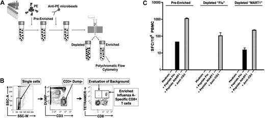 Figure 1. Development of tetramer-associated magnetic enrichment (TAME). (A) PBMCs from healthy donors were stained with HLA-A2.1 tetramers labeled in PE (pre-enriched fraction). Samples were further incubated with anti-PE microbeads, and passed twice over an MS magnetic column. The elution fraction corresponds to the depleted fraction, and retained fraction to the enriched sample. Pre-enriched, enriched, and depleted fractions were then labeled with a flow cytometric panel, and acquisition was performed with a polychromatic flow cytometer. (B) To optimize detection and enumeration of tetramer-positive events, our analysis protocol includes multiple levels of inclusion and exclusion gating strategies to minimize background. As shown, side scatter area versus side scatter width plot is used to exclude cell aggregates. The remaining single-cell events are analyzed on a plot of non–T-cell lineages (all labeled by Pacific blue), and dead cells were stained by 4,6 diamidino-2-phenylindole (dump channel) vs CD3, allowing for T-cell events to be identified. CD8+ T cells specific for influenza A–Matrix158-66 tetramer within the enriched fraction are indicated, with minimal background staining in the CD8− CD3+ T-cell population. (C) PBMCs (2 × 105) from pre-enriched and depleted fractions from influenza A–Matrix158-66 (flu) or MART126-35 TAME were plated for IFNγ ELISPOT analysis. Cells were stimulated by indicated peptides. Data from triplicate wells were averaged, and errors bars indicate SEM. Data shown are representative of 2 independent experiments.