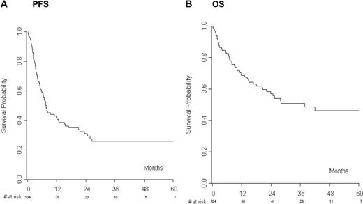 Figure 2. The analysis limited to allografted patients started from the day of allografting. (A) Progression-free survival (PFS) and (B) overall survival (OS) of patients receiving reduced-intensity allogeneic transplantation.