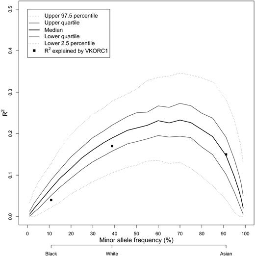 Figure 1. Effect of VKORC1 −1639G>A minor allele frequency in explaining warfarin dose variability at the population level. Results of a simulation study showing the influence of the frequency of the A allele for −1639G>A on the amount of variance in warfarin dose explained (R2). Quartiles and upper and lower 2.5th percentiles of the distribution of R2 values from the simulation are plotted as a function of minor allele frequency. The highest variability in dose explained would occur in a population with an A allele frequency of approximately 60% to 70%. The actual R2 estimates for each racial group in the IWPC data are plotted as squares at the observed MAF for each group.