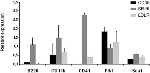 Figure 4. SR-BI is abundantly expressed by BM cells. QRT-PCR of cholesterol receptors mRNA expression screening on different BM-cell lineages demonstrates that SR-BI is the most frequent receptor expressed on the cell lineages tested, except for endothelial cells. In endothelial cells, CD36 had the greatest mRNA expression level. These experiments were obtained from 2 separate experiments, with consistent results.