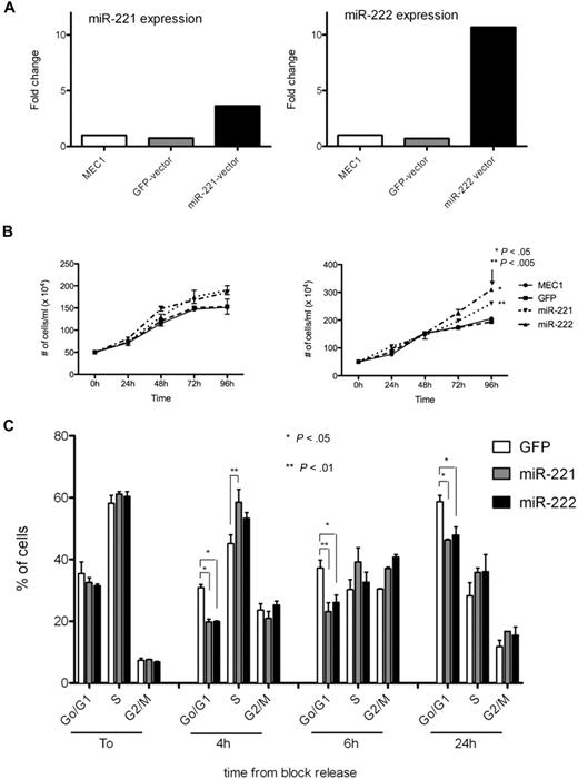 Figure 1. Characterization of miR-221/222–overexpressing MEC1 cell lines. MEC1 cells were infected with miR-expressing LV vectors. Infected cells were sorted, and overexpression of miR-221/222 was assessed by real-time PCR (A). Control and miR-transduced cells were plated at the concentration of 5 × 105/mL and counted by Trypan-blue exclusion at the indicated time points (B left). The experiment was repeated after synchronization by double thymidine block and plating (B right). Synchronized cells were stained with propidium iodide at the indicated time points after block release, and cell-cycle distribution was analyzed by flow cytometry. Percentage of cells in G1, S, and G2/M phase of the cell cycle is shown (C). Graph represents the average of 3 different experiments (mean + SD). Differences were analyzed by 2-way analysis of variance and Bonferroni test.