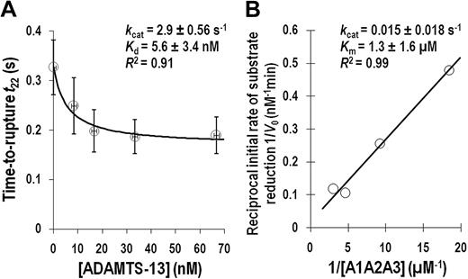 Figure 6. Enzymatic kinetics. (A) Data from Figure 5D (points) were replotted using molar concentration and fitted by Equation 1 (curve). (B) Lineweaver-Burk plot of reciprocal initial rate of substrate reduction versus reciprocal substrate concentration. The data (points) were fitted by a straight line. The best-fit parameters are indicated. The goodness of fit is indicated by R2 (B) or adjusted R2 (A).