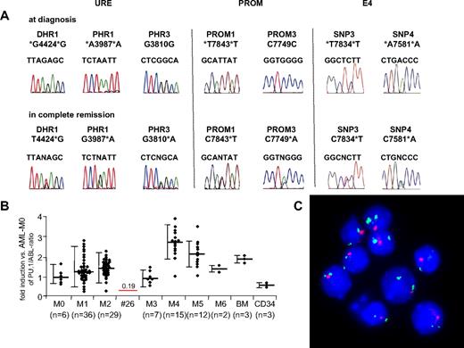 Figure 2. Heterozygous loss of the PU.1 locus in human AML. (A) Comparison of chromatograms obtained at diagnosis and in first remission in an AML-M2 patient (patient 26). Three informative SNPs within the URE, 2 SNPs within the promoter region (PROM), and 2 SNPs flanking exon 4 (1 each in intron 3, SNPi3; and in intron 4, SNPi4) showed heterozygosity at remission but LOH at diagnosis. The other SNPs (PRU2, PROM2, and PROM4) were not informative. (B) PU.1 mRNA expression of 107 (of 120) AML patients. Material was not available from 13 patients. The mean value for each AML subtype is presented as PU.1/ABL-ratio, with the value of AML-M0 patients being arbitrarily selected as 100%. Bars represent SD. The single line represents PU.1 expression of patient 26 with LOH in the PU.1 locus. BM indicates unsorted bone marrow of healthy persons; CD34, CD34+ selected cells of AML patients in remission. (C) FISH analysis of bone marrow at diagnosis of patient 26 with LOH in the PU.1 locus. The single red signal obtained from a probe directed against the URE sequences represents LOH of the URE, and the 2 green signals obtained from a probe against the centromeric region of chromosome 11 represent that indeed 2 chromosome 11 alleles are present.