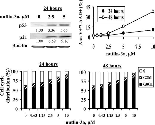 Figure 3. Nutlin-3a activates p53 and its target p21 and induces G1 cell cycle block and low levels of apoptotic cells. OCI-AML3 cells were treated with nutlin-3a. p53 and p21 levels were determined by Western blot at 24 hours, and cell death and cell cycle distribution were assessed by annexin V/7-AAD and PI staining, respectively, at 24 and 48 hours.