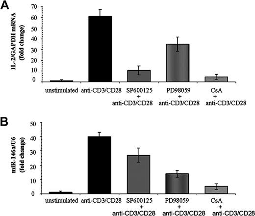 Figure 2. TCR signaling pathways affecting miR-146a expression. Jurkat cells were treated for 30 minutes with the JNK inhibitor SP600125, the MEK/ERK inhibitor PD98059, or CsA. Thereafter, cells were stimulated for 24 hours with anti-CD3/CD28 Abs. (A) Relative IL-2 mRNA levels were measured by qRT-PCR using GAPDH levels to normalize expression. Relative IL-2 mRNA levels in stimulated cells are compared with, which are set to 1. Each bar is the mean of 3 independent experiments. (B) MiR-146a levels were measured by qRT-PCR and U6 levels were used to normalize expression. Relative miR-146a expression in stimulated cells is compared with that in nonstimulated cells, which set to 1. Each bar is the mean of 3 independent experiments.
