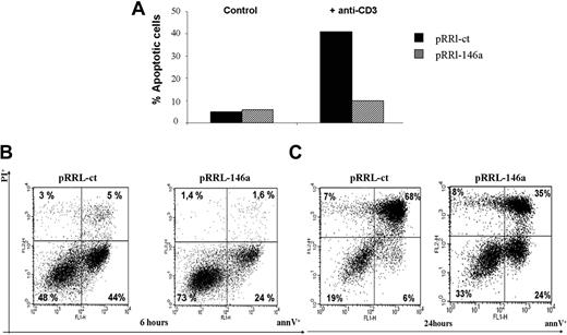 Figure 5. MiR-146a overexpression inhibits the AICD of Jurkat T cells. (A) pRRL-ct and pRRL-146a Jurkat cells, plated in RPMI medium with 3% FBS, were left untreated (control) or stimulated with anti-CD3 (OKT3; 10 μg/mL) Ab. After 24 hours the apoptotic cells fraction was measured by annexin V staining. Results shown are 1 representative of 3 independent experiments. (B) pRRL-ct and pRRL-146a Jurkat cells, plated in RPMI medium with 3% FBS, were left untreated (control) or stimulated with Fas-agonistic Ab (CH11 clone; 100 ng/mL) for 6 hours or (C) for 24 hours. The apoptotic cells fraction was measured by annexin V and propidium iodide double staining. Results shown are 1 representative of 3 independent experiments.