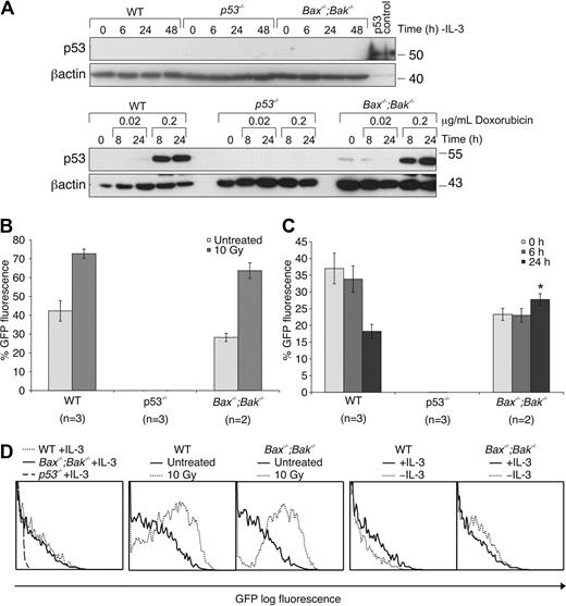 Figure 3. FDM cells express negligible levels of p53 after IL-3 withdrawal, but p53 reporter activity is slightly elevated. (A) Cells of the indicated genotypes were either treated with doxorubicin (in the presence of IL-3) or deprived of IL-3. Whole cell lysates were prepared, and proteins were resolved on SDS-PAGE. Western blots were probed with antibodies to p53 and β-actin (loading control). (B) Cells of the indicated genotypes were lentivirally transduced with a construct encoding a p53 transcriptional response element from the Puma promoter linked to GFP. p53 Transcriptional activity (GFP fluorescence intensity) was measured 24 hours after γ-irradiation or (C) 6 and 24 hours after cytokine withdrawal. The results shown are means ± SEMs of3 independent experiments, and n refers to the number of independent clones in each experiment. Asterisks denote a P value of .02, comparing Bax−/−;Bak−/− GFP expression before (time 0) and 24 hours after IL-3 withdrawal with the use of a t test (1-tailed, paired analysis).(D) Representative FACS plots of panels B and C are shown.