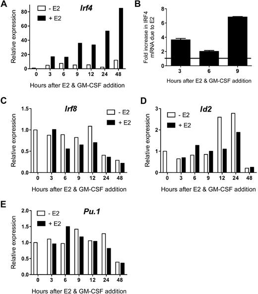 Figure 2. E2 exposure markedly increases the amount of Irf4 mRNA present in GM-CSF–stimulated myeloid progenitors. MPs were stimulated with GM-CSF and 1nM E2 or vehicle in hormone-deficient medium. At the indicated time points, the amount of gene-specific mRNA was quantified using qPCR of the sample in triplicate. The relative expression of each mRNA was calculated using the ΔΔCt method. (A) Irf4 mRNA was not present at time 0 and was increased significantly in the presence of E2. (B) The fold increase in Irf4 mRNA due to the presence of E2 at early time points was reproducible. Error bars represent the range in 2 independent experiments. (C) Irf8, (D) Id2, and (E) Pu.1 mRNA were present at time 0, as determined by the Ct values, and the relative amounts did not differ in the presence or absence of E2. Data are representative of 2 to 4 independent experiments.