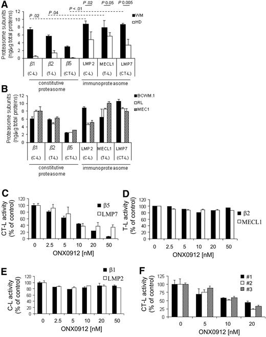 Figure 1. Primary WM cells express higher level of the immunoproteasome, and ONX0912 targets the CT-L activity in WM cells. Distribution of the caspaselike (C-L), trypsinlike (T-L), and chymotrypsin-like (CT-L) subunits of the constitutive proteasome (β1, β2, β5) and immunoproteasome (LMP2, MECL1, LMP7) was assessed by ELISA on protein lysates obtained from primary cells (average of 5 WM patients is shown; WM), and from peripheral blood–derived CD19+ cells of healthy subjects (average of 4 healthy donors is shown; HD) (A), BCWM.1 cells, and IgM-secreting low-grade lymphoma cells (RL, MEC.1; B). Anti-β1, -β2, -β5, -LMP2, -MECL1, and -LMP7 primary, and horseradish peroxidase–conjugated secondary antibodies were used. Each subunit was measured as nanograms per microgram of total protein, according to the SuperSignal ELISA Pico Kit manufacturer's instructions. (C-E) BCWM1 cells have been treated with ONX0912 (2.5-50nM) for 2 hours and ONX0912 effects on CT-L, T-L, and C-L activities of the proteasome have been evaluated as described earlier in the legend. (F) Primary CD19+ tumor cells from 3 patients with WM were incubated for 2 hours in the presence of diluent or ONX0912 (5-20nM). The chymotrypsin-like (CT-L) activity of the 20S proteasome of BCWM.1 was determined by measurement of fluorescence generated from the cleavage of the fluorogenic substrate suc-LLVY-amc. ONX0912-induced modulation of CT-L activity has been expressed as fold of untreated samples. In all panels, error bars represent SD.