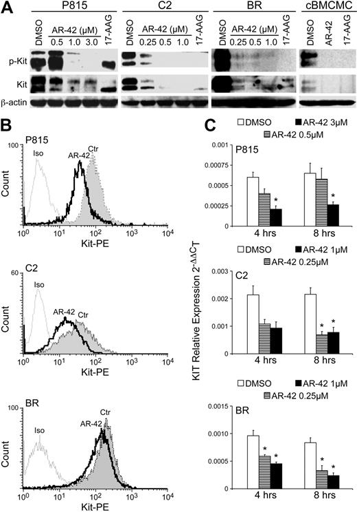 Figure 3. AR-42 down-regulates the expression of Kit protein and mRNA. (A) P815, C2, and BR cells and canine BMCMCs were treated with either AR-42 or 17-AAG (1μM AR-42 and 17-AAG for BMCMCs) at the indicated concentrations for 24 hours. Effects on the expression of phosphorylated Kit and total Kit were determined by Western blot analysis. The top band represents the mature form and the bottom band the immature form of Kit. (B) P815, C2, and BR cells (1.0 × 106) were treated with 1μM AR-42. Cells were collected at 6 hours after drug treatment and evaluated for cell-surface Kit expression by flow cytometry. PE-conjugated rat-IgG antibody was used as isotype control. Three independent experiments were performed, and 1 representative result is shown. (C) P815, C2, and BR cells were treated with AR-42 at the indicated concentrations and were collected at 4 and 8 hours after treatment, and real-time PCR for Kit was performed. Experiments were performed in triplicate and repeated 3 times. The difference between treatment groups and DMSO control group was analyzed using the Student t test. *P < .05.