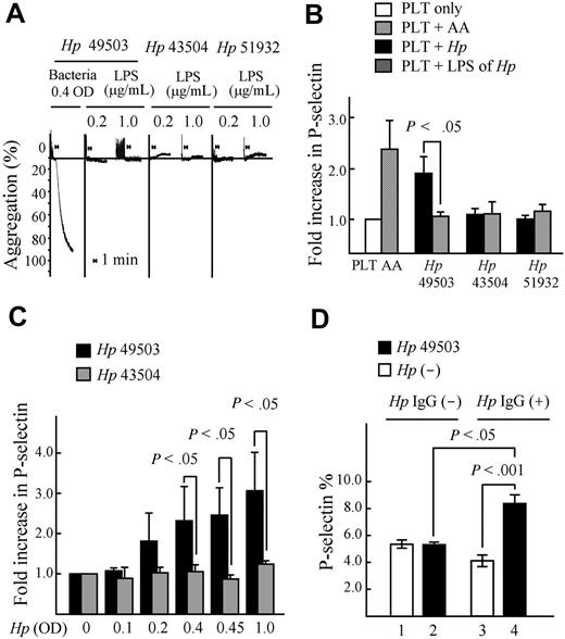 Figure 3. The pro-aggregatory strain of H pylori stimulates the expression of P-selectin. Platelets were fixed with formaldehyde and labeled with anti-CD41 IgG and P-selectin, as well as the anti-CD62P antibody. They were then analyzed using flow cytometry. (A) No aggregation occurred in response to LPSs extracted from H pylori. These were therefore used as negative controls. (B) P-selectin activation (platelet/bacteria ratio = 100:1) was found to occur only in response to pro-aggregatory Hp 49503. Hp 43504, Hp 51932, or any LPSs extracted from H pylori did not induce P-selectin expression. (C) The activation was found to occur in a concentration-dependent manner in pro-aggregatory Hp 49503 infection. (D) A significant increase in P-selectin expression was observed only in Hp IgG+ in response to H pylori infection.