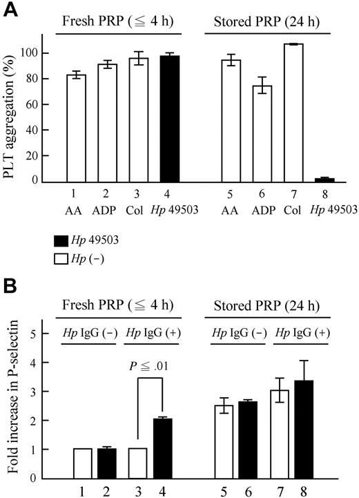 Figure 5. No aggregation occurred in PRP with an inhibition of P-selectin expression during H pylori infection. Stored PRP (24 hours) was preserved in a sealed, air-permeable bag and oscillated in a flat-bottomed shaking device at room temperature. (A) During pro-aggregatory Hp 49503 infection (platelet/bacteria ratio = 25:1), no aggregation was observed in stored Hp IgG+ PRP, of which standard agonists (AA, ADP, and collagen) were capable of aggregation. (B) P-selectin expressions were elevated in stored PRP, but there was no significant increase during Hp 49503 infection (platelet/bacteria ratio = 100:1).