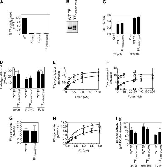 Figure 6. TF mutant lacking Cys186-Cys209 disulfide bond has reduced affinity for factor VIIa but retains coagulant function. (A) HUVECs were transduced with adenovirus encoding wild-type TF (2 MOI/cell) or TFC186S, TFC209S, or TFC186S/C209S (50 MOI/cell) to express similar levels of TF antigen and were cultured for 48 hours before they were used. Cells were detached from the dish, and TF activity of intact cells was measured in a clotting assay. (B-I) HUVECs were transduced with adenovirus encoding wild-type TF (2 MOI/cell) or TFC186S/C209S (50 MOI/cell), and TF protein expression levels at the cell surface were evaluated by cell-surface biotinylation (B), in situ ELISA (C), and the binding of radiolabeled TF mAb or FVIIa (D) as described in the legend to Figure 5. (E) Specific binding of 125I-FVIIa to TF. Various concentrations of 125I-FVIIa were incubated with HUVEC monolayers expressing wild-type TF (○) or TFC186S/C209S (●) in the presence or absence of anti-TF IgG for 2 hours at 4°C. The amount of FVIIa bound to TF was determined as described in “Determination of 125I-FVIIa and 125I-TF monoclonal antibody binding to cells.” (F) TF coagulant function. HUVECs expressing wild-type TF (○), TFC186S/C209S (●), or uninfected HUVECs (◇) were incubated with various concentrations of FVIIa (0.0-200nM) for 5 minutes, then FX (1μM) was added to the cells, and the rate of FX activation was determined by measuring the amount of FXa generated in a chromogenic assay. (G) TF activity of HUVECs expressing wild-type TF and TFC186S/C209S in the presence of saturating concentration of FVIIa. HUVECs were incubated with FVIIa (100nM) and FX (1μM), and the rate of FXa generation was measured in a chromogenic assay. These assays were performed in parallel to the experiments in which TF antigen levels were determined. (H) Rate of FXa generation by cells expressing wild-type TF or TFC186S/C209S at various concentrations of FX and a saturating concentration of FVIIa (100nM). Wild-type TF, ○; TFC186S/C209S, ● (n = 3; mean ± SEM). (I) Specific activity derived, based on FVIIa or TF mAb bound to the cell surface.