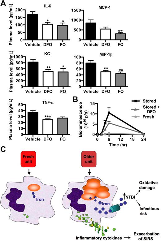 Figure 7. DFO treatment decreases the proinflammatory response induced by transfusion of stored RBCs. (A) Mice were pretreated with a PBS vehicle control (n = 28) or with 3 mg of DFO, with (n = 15) or without (n = 31) the addition of equimolar ferric citrate, immediately before transfusion with stored RBCs (400 μL). Mice were killed 2 hours after transfusion, and plasma cytokine levels were measured; *P < .05; **P < .01; ***P < .001 compared with mice infused with PBS vehicle and transfused stored RBCs. (B) Bioluminescence was quantified for 24 hours after transfusion over the hepatosplenic region of SAA1-luciferase reporter mice transfused with 200 μL of fresh RBCs (n = 3; ), the PBS vehicle control and stored RBCs (n = 3; ■), or 3 mg of DFO and stored RBCs (n = 6; ); P = .095 at 4 and 6 hours after transfusion comparing vehicle-treated and DFO-treated mice. (C) Proposed mechanistic pathway (the “iron hypothesis”) explaining how transfusion of older stored RBCs may induce adverse effects in patients. Transfusion of stored, but not fresh, RBCs delivers an acute bolus of RBCs and RBC-derived iron to the monocyte/macrophage system resulting in oxidative stress and inflammatory cytokine secretion. Some of the macrophage-ingested iron is also released back into the circulation (ie, NTBI) where it can also cause oxidative damage and enhance bacterial proliferation. SIRS indicates systemic inflammatory response syndrome.