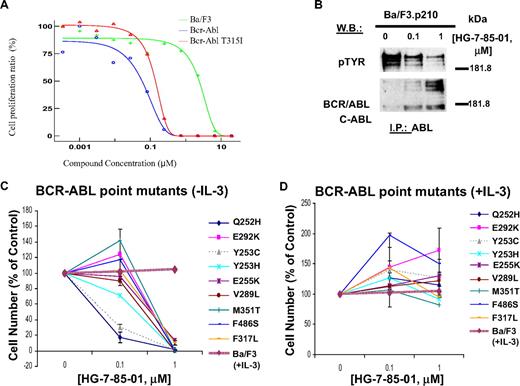 Figure 2. Effects of HG-7-85-01 on growth of nonmutated and mutant BCR-ABL–expressing cells and BCR-ABL kinase activity. (A) Determination of IC50 values for HG-7-85-01 against parental Ba/F3 cells, Ba/F3.p210 cells, and Ba/F3-T315I cells. (B) ABL immunoprecipitation and pTYR and ABL immunoblots, respectively, of whole cell lysates prepared from Ba/F3.p210 cells treated for 2 hours with vehicle or HG-7-85-01 (0.1, 1μM). (C-D) Effects of HG-7-85-01 on proliferation of imatinib- and nilotinib-resistant BCR-ABL point mutant-expressing cells; 2- to 2.5-day treatments of BCR-ABL point mutant-expressing Ba/F3 cells with HG-7-85-01 in the absence (C) or presence (D) of IL-3. HG-7-85-01 treatment of parental Ba/F3 cells in the presence of IL-3 is shown in panels A and B as a control. Error bars represent the SEM for proliferation studies performed in duplicate. Assays for Ba/F3 cells expressing M351T, F317L, and F486S were carried out for 2 days. Assays for Ba/F3 cells expressing all other BCR-ABL point mutants were carried out for 2.5 days.