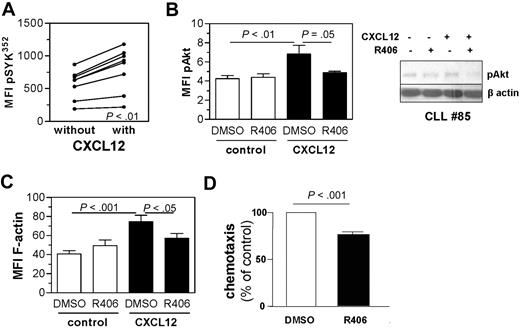 Figure 2. SYK is involved in the CXCL12 pathway in CLL cells. (A) Stimulation of primary CLL samples (n = 8) for 15 seconds with human CXCL12 resulted in an increase of pY352 SYK, the activation site of SYK determined by the MFI (P < .001). (B) Concomitant SYK inhibition abrogated the phosphorylation of Akt induced by CXCL12 stimulation. Displayed is the MFI of CLL cells stained for pAkt after 30 seconds of stimulation with CXCL12 (n = 8; P < .01). A representative immunoblot is shown. (C) F-Actin formation after CXCL12 stimulation was determined by intracellular staining using Alexa488-labeled phalloidin and flow cytometric analysis of 7 different primary CLL samples. SYK inhibition alone did not significantly change F-actin formation, CXCL12 induced F-actin (P < .001), and R406 prevented up-regulation induced by CXCL12 (P < .05). (D) Transwell chemotaxis assays toward CXCL12 were performed without or with R406 for 7 CLL samples. The percentage of migrated cells in vehicle control was defined as 100% to determine the relative chemotaxis. R406 inhibited chemotaxis toward CXCL12 with a P value less than .001.