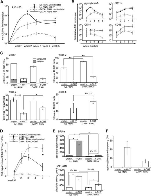 Figure 3. STAT5-induced long-term growth is enhanced in the absence of GATA1. (A) CD34+ CB cells were transduced with STAT5A-ER and the indicated lentiviral shRNA constructs. After transduction, cells were cultured on MS5 stromal cells and either left untreated or stimulated with 4-OHT. Each week, half of the medium was removed and the cells were counted and analyzed by flow cytometry to calculate the number of double-transduced cells. The cumulative expansion of double-transduced cells was calculated relative to the starting amount of double-transduced cells, which was set at 1. Data are mean ± SD of 2 experiments, which is representative of 4 experiments performed. (B) The same cells as in panel A were stained for GPA, CD11b, CD14, and CD15. The cumulative fold expansion of the cells, separated by the respective phenotype, is shown. (C) Double-transduced CD34+ CB cells as in panel A were sorted after 1, 2, 3, and 5 weeks, and progenitor frequencies per 10 000 plated cells were determined by culture in CFC-mix methylcellulose medium. (D) Cumulative expansion of progenitors was calculated based on the progenitor frequencies depicted in panel C and the cumulative expansion as shown in panel A. (E) The absolute amount of colonies at week 1, divided by BFU-E, and CFU-GM was calculated according to the expansion shown in panel A. (F) Early (day 10) cobblestone frequency of CB CD34+ cells, transduced as in panel A and cultured in limiting dilution on MS5 stromal cells. Significant differences (2-tailed t test): *P < .05, **P < .01.