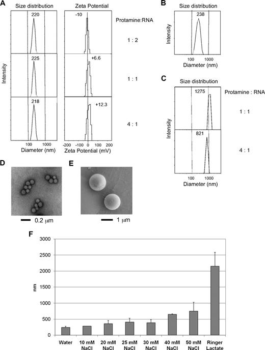 Figure 1. The size of protamine-RNA complexes depends on the ionic conditions of formulation. An 18-residue RNA (RNA18) oligonucleotide (A,C-F) or mRNA coding enhanced green fluorescent protein (B) were diluted to 1 mg/mL using water (A-B,D) or Ringer lactate solution (C,E) and mixed at indicated mass ratios (A,C) or at 1:1 mass ratios (B,D-F) with Protamine 5000 diluted to 1 mg/mL using water (A-B,D) or Ringer lactate solution (C,E). The size of the particles (A, left, B-C) was assessed by dynamic light scattering (the number shown in each graphic indicates the average hydrodynamic diameter) and electron microscopy (transmission in panel D and scanning in panel E). Data shown are representative of 10 independent experiments. The zetapotentials of the nanoparticles (A right) are measured using a Zetasizer (Malvern). (F) A summary of the results from dynamic light scattering measurements of particles produced with protamine and RNA diluted to 1 mg/mL using different solutions of varying ionic strength. Each formulation was repeated 3 times and measured. Error bars indicate the standard variation within those triplicate experiments.