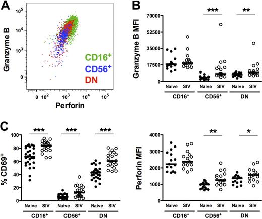 Figure 5. Increased expression of cytotoxic and activation markers on macaque NK-cell subsets from SIV-infected animals. (A) Representative polychromatic flow cytometric overlay depicting coordinate but variable expression of intracellular granzyme B and perforin by all peripheral blood NK subsets. (B) Mean fluorescence intensities of granzyme B (top panel) and perforin (bottom panel) and (C) percentages of positive cells above background of cell-surface CD69 are shown for each of the NK subsets in naive and SIV-infected animals. Only significant P values are shown for naive versus SIV-infected comparisons. Mann-Whitney test; *P < .05; **P < .01; ***P < .001.