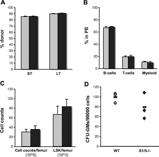 Figure 3. Smad1/5-deficient BM cells contribute to multilineage long-term reconstitution when transplanted into lethally irradiated recipients. (A) Contribution of donor cells in PB short-term (ST = 4w) and BM long-term (LT = 21w) after transplantation. (B) Distribution of myeloid cells (Mac-1), B cells (B220), and T cells (CD3) within the donor population in PB 21 weeks after transplantation presented as mean ± SD. (C) Number of total cells/femur, primitive LSK cells/femur, and (D) myeloid progenitors in BM 21 weeks after transplantation, as determined by differential counts, FACS, and the number of formed colonies (GM-CFU), respectively (n = 3 donors and 9 recipients). represent WT; and ▬, S1/5−/−.