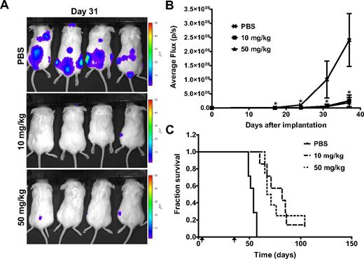 Figure 7. When statin-sensitive MM tumors are identified, atorvastatin can be used safely and effectively to decrease tumor burden. Sublethally irradiated NOD/SCID mice were intravenously injected with KMS11-luc cells. The animals received 10 or 50 mg/kg atorvastatin or a PBS vehicle control by oral gavage 3 times a week for 37 days, until the tumor bioluminescence in the control mice saturated the detectors. When subsequently injected with luciferin, the bioluminescent myeloma cells in these animals were imaged (A; Day 31) and quantified over several weeks (B). *P < .001 (1-way analysis of variance comparing each atorvastatin group with the PBS group). (C) Survival curves were determined based on when the mice were humanely killed after the onset of hind-limb paralysis resulting from tumor burden. Arrows indicate the beginning (day 2) and endpoints (day 37) of treatment. Each group composed of 7 or 8 mice. Data are mean ± SD.