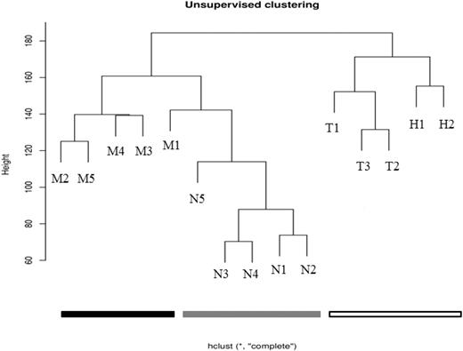 Figure 1. Unsupervised analysis shows clustering of primary samples into their biologic groups based on their HELP assay–determined methylome. Using raw data from the HELP assay, unsupervised analysis was performed on primary samples (Table 1). The MLL-r leukemia samples cluster together (black), the other (MLL-wt) ALL samples cluster together (white), and the normals cluster together (gray). This demonstrates that there are remarkable intragroup similarities and intergroup differences in promoter methylation patterns, and that these patterns are based on the underlying biology of the groups (determined primarily by recurrent cytogenetic abnormalities in the leukemias, or by lineage differentiation for the normals).