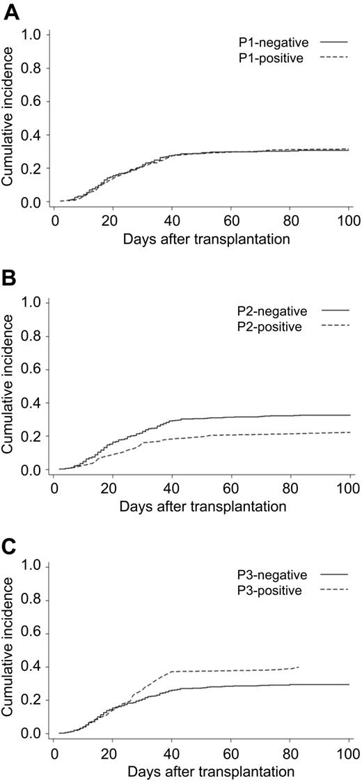 Figure 4. Cumulative incidence of grade 2 to 4 acute GVHD by common HLA haplotype. The endpoint was the time to diagnosis of grade 2 to 4 acute GVHD with censoring of date of death until 100 days after transplantation. P value was calculated with the log-rank test. (A) Patients with or without HP-P1. (B) Patients with or without HP-P2. (C) Patients with or without HP-P3.