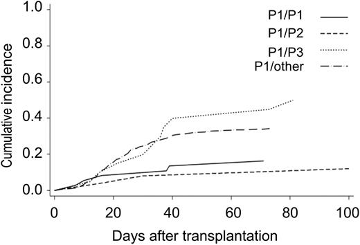 Figure 5. Cumulative incidence of grade 2 to 4 acute GVHD by common HLA haplotype in patients with HP-P1. The endpoint was the time to the diagnosis of grade 2 to 4 acute GVHD with censoring of date of death until 100 days after transplantation. P value was calculated with the log-rank test. A total of 331 patients with HP-P1 were analyzed for the effect of another HLA haplotype by HP-P1, HP-P2, HP-P3, and the other haplotypes, which were lumped together.