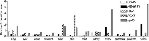 Figure 6. The HEATR1 gene is expressed at levels comparable with HA-1 and P2X5 in GVHD target tissues. Expression of CD45, HEATR1, HA-1, P2X5, and IIp45 (a representative ubiquitously expressed gene) in cDNA tissue panels was evaluated by real-time quantitative PCR. The level of expression of each gene is shown relative to gene expression measured in B-LCLs, which are susceptible to lysis by the minor H antigen specific CTL after normalizing to the expression of a housekeeping gene PBGD. Data are representative of multiple experiments for each gene.