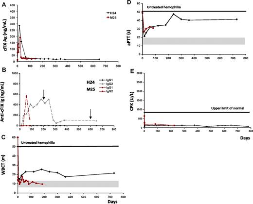 Figure 3. Transient nonneutralizing anti-cFIX antibodies develop at high doses of of AAV2-cFIX vector delivered via ATVRX. (A) Canine FIX transgene antigen levels measured by ELISA. (B) Anti-cFIX IgG1 and IgG2 subclass antibody titer measured by ELISA. (C-D) Blood coagulation activity measured by WBCT (m indicates minutes) and aPTT (s indicates seconds). (E) Creatinine phosphokinase (CPK) levels. Shaded gray areas indicate the range of values for hemostatically normal animals. Vertical arrows represent normal pooled plasma administrations. x axis represents time in days.