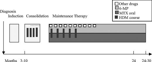 Figure 1. Low-risk MTX therapy. A punctured line indicates that not all patients received this specific dose. In maintenance therapy, 6-mercaptopurine (6-MP) and MTX are administered in low oral doses. MTX (8-12 mg) was administered intrathecally 6 times before consolidation.