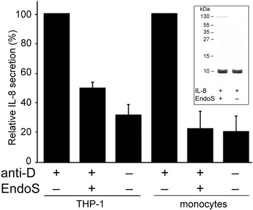 Figure 4. EndoS inhibits secretion of IL-8 by monocytes induced by RBCs sensitized with anti-D. Relative quantification of IL-8 secretion in supernatants from THP-1 cells or blood monocytes incubated with RBCs sensitized with anti-D for 3 hours, with or without pretreatment of anti-D with EndoS. (Inset) IL-8 incubated with EndoS followed by separation on SDS-PAGE and staining with Coomassie Blue.