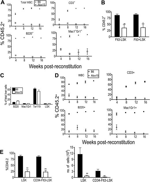 Figure 3. Alox15 mice exhibit primary defect in HSC function. (A) The hematopoietic compartment derived from Alox15 BM in competitive reconstitution assay is defective. Lethally irradiated congenic B6.SJL mice were reconstituted with a 9:1 ratio of B6 (▴) or Alox15 (□) (CD45.2, test) BM cells to B6.SJL (CD45.1, competitor) BM cells. Reconstitution was monitored by quantifying the percentage of donor-derived CD45.2+ blood cells in recipients using flow cytometry at the indicated times. The percentage of CD45.2+ total leukocytes (CD45+ cells), CD3+ cells, B220+ cells, and Mac1+Gr1+ is depicted; **P < .01. (B) Reduction in Alox15 LT-HSC following during competitive reconstitution. At 16 weeks after engraftment, the percentage of B6 and Alox15 CD45.2 donor-derived Flt3−LSK and Flt3+LSK in 9:1 competitively reconstituted mice was determined by flow cytometry (n = 6). (C) Hematopoietic subsets in B6 and Alox15 E14.5 fetal livers analyzed by flow cytometry. (D-E) HSC-derived from Alox15 fetal livers are functionally defective. Analysis of hematopoietic reconstitution of lethally irradiated congenic mice at indicated times after engraftment of B6 or Alox15 E14.5 fetal liver cells mixed 2:1 with congenic competitor BM cells. (D) CD45.2+ WBC subsets were determined by flow cytometry. (E) Indicated progenitor populations in BM harvested 16 weeks after transfer were analyzed for CD45.2+ cells. Both percentage and absolute number of B6 and Alox15-derived cells are shown (n = 5); *P < .05, **P < .01. All error bars represent mean (± SEM).