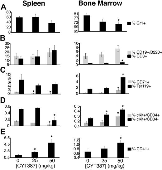 Figure 4. Effect of CYT387 on hematopoietic cell lineages in MPN in vivo. Balb/c mice were subjected to bone marrow transplantation with bone marrow donor cells retrovirally transduced to express JAK2V617F. Thirty-four days after transplantation, mice exhibited symptoms of MPN as measured by elevated white blood cell counts and hematocrit. Mice were divided into 3 groups and initiated on twice daily oral gavage administration of vehicle control, 25 mg/kg CYT387, or 50 mg/kg CYT387 (n = 12 per group). At day 83 after bone marrow transplantation, all mice were sacrificed and spleen and bone marrow cells were stained with fluorescently conjugated antibodies specific for: (A) Gr1 (Granulocytes), (B) CD19/B220 (B cells) and CD3 cells (T cells), (C) CD71 (early erythroid progenitors) and Ter119 (late erythroid progenitors), (D) cKit+CD34− (stem cells/early progenitors) and cKit+CD34+ (late progenitors), (E) CD41 (megakaryocytes). Values represent mean ± SEM and *P < .05 in a t test comparing 25 mg/kg or 50 mg/kg treatment groups with the 0 mg/kg vehicle control. A complete list of numerical values and statistical analyses is found in supplemental Table 2. Representative dot plots are found in supplemental Figure 4.