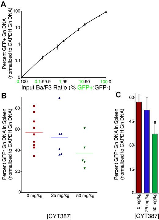 Figure 5. Effect of CYT387 on JAK2 V617F+ allelic burden in MPN in vivo. Balb/c mice were subjected to bone marrow transplantation with bone marrow donor cells retrovirally transduced to express JAK2V617F. Thirty-four days after transplantation, mice exhibited symptoms of MPN as measured by elevated white blood cell counts and hematocrit. Mice were divided into 3 groups and initiated on twice daily oral gavage administration of vehicle control, 25 mg/kg CYT387, or 50 mg/kg CYT387 (n = 12 per group). At day 83 after bone marrow transplantation, all mice were sacrificed and genomic DNA was isolated from splenocytes. A qPCR assay was developed to assess the relative level of GFP, normalized to the genomic GAPDH locus. (A) Parental Ba/F3 (GFP-negative) were mixed at varying ratios with Ba/F3-JAK2V617F cells (GFP-positive). Genomic DNA was isolated and subjected to qPCR using primers specific for GFP or the GAPDH genomic locus. All values were normalized to GAPDH and then to the highest expressing well of genomic DNA from 100% GFP-positive cells. This value was set at 100%. Values represent mean ± SEM. (B) Genomic DNA from splenocytes of mice treated with vehicle control, 25 mg/kg CYT387, or 50 mg/kg CYT387 were subjected to qPCR using primers specific for GFP or the GAPDH genomic locus. The standard curve of Ba/F3 cells shown in panel A was amplified simultaneously, and all values were normalized to GAPDH and then to the highest expressing well of genomic DNA from 100% GFP-positive Ba/F3 cells. Each point represents the genomic GFP level in an individual mouse. (C) The values from panel B were averaged and presented in a bar graph. Values represent mean ± SEM and *P < .05 in a t test comparing 25 mg/kg or 50 mg/kg treatment groups with the 0 mg/kg vehicle control.